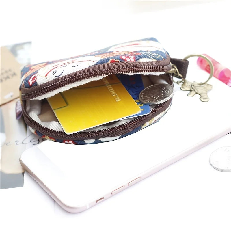 Women's Canvas Cartoon Prints Keychain Wallet Small Card Organizer Key Pouch Ladies Money Bag Coin Purse for Children Girls Boys