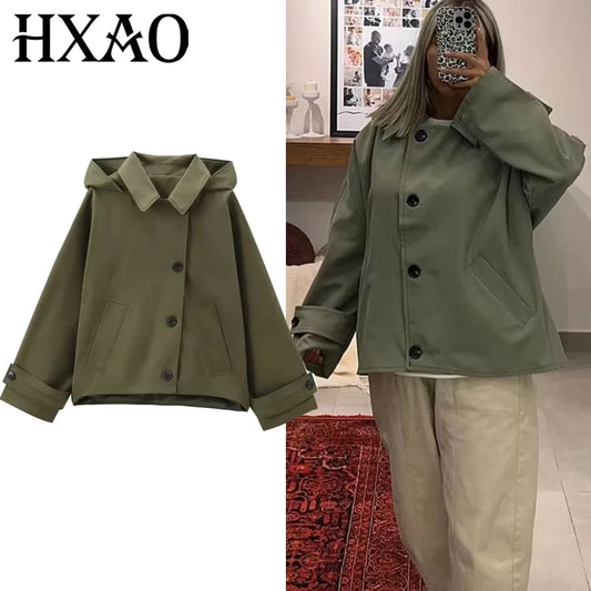HXAO Female Windbreaker Outerwears Hood Cropped Jacket Women Solid Trench Coat Autumn Long Sleeve Demi-Season Casual Coats