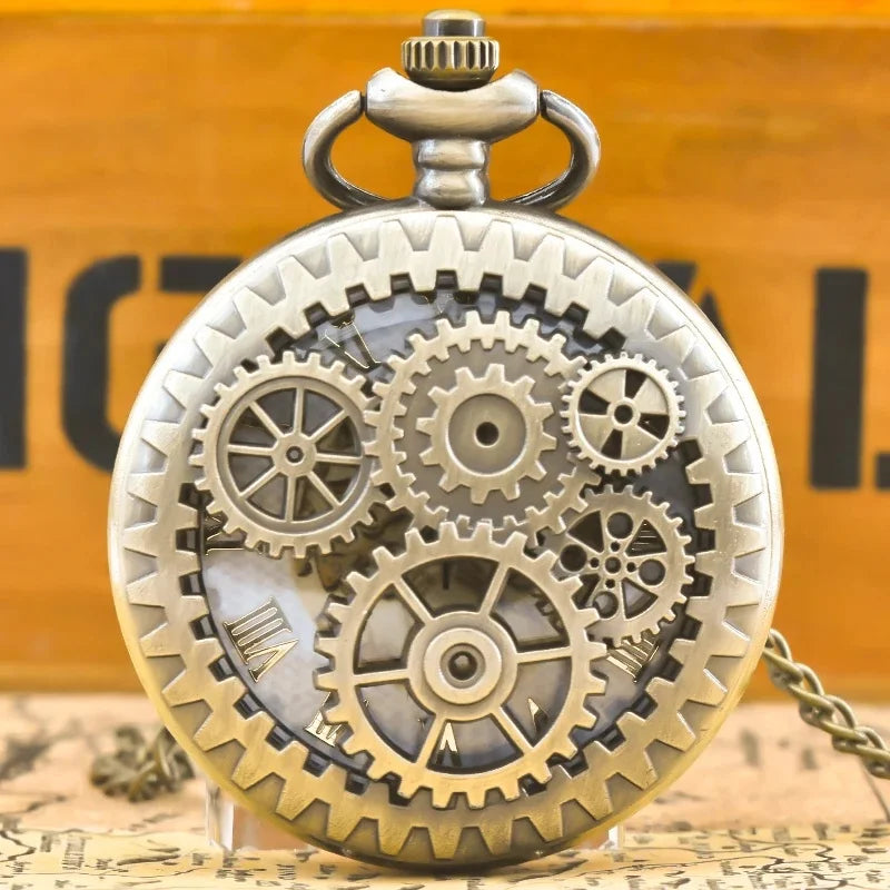 Vintage Bronze Steampunk Copper Cutout Gear Quartz Pocket Watch Necklace Pendant Clock Chain Men Women Chain Gift