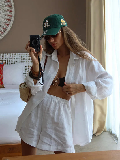 Bornladies Cotton Casual Pants Sets Women's Solid Color Cozy Lapel Long Sleeve Shirt Summer Outfit Elastic Waist Pants Suits