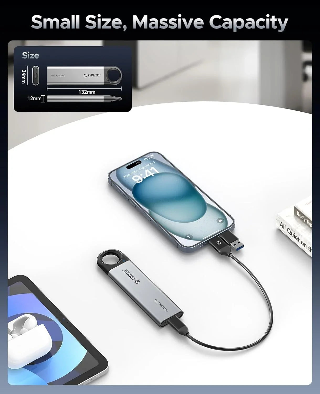 ORICO 1TB External SSD Up to 1050MB/s, Hanging Hole Design Portable Solid State Drive, USB C&A 2 in 1 Cable, Reliable Storage