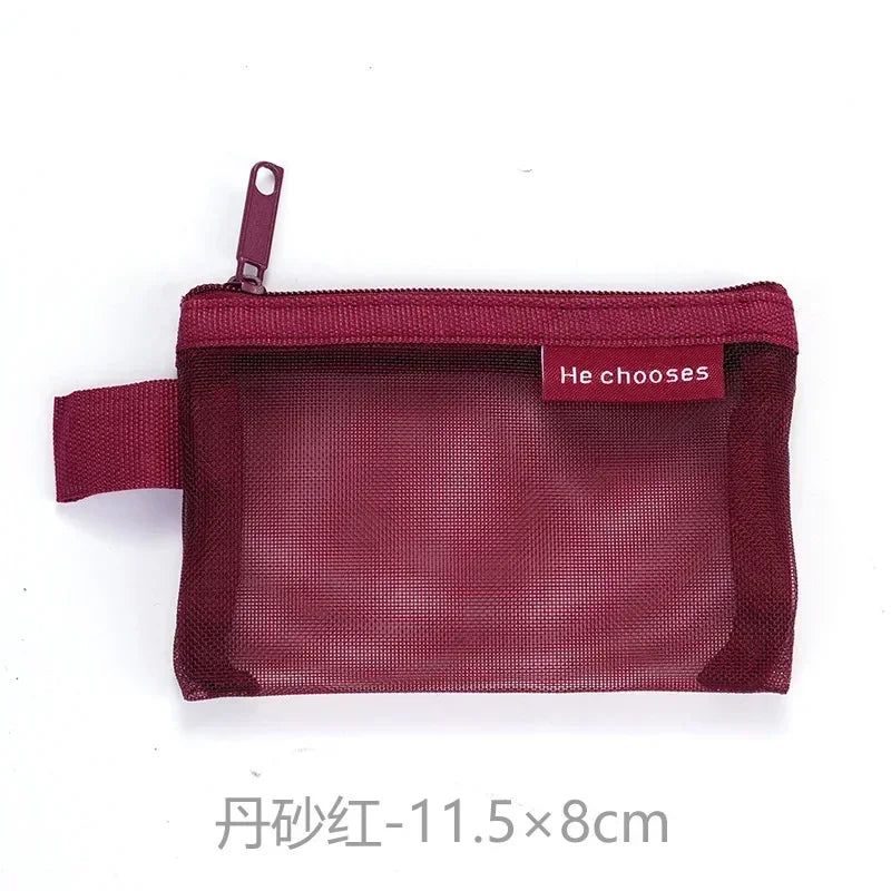 Small Square Solid Color Coin Bag Nylon Mesh Lipstick Key Earphone Organizer Holder Bus Bank ID Credit Cards Pouch Case Storage