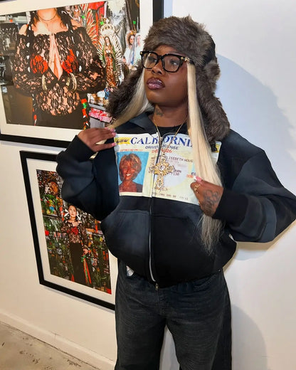 Autumn and winter new minimalist design color collision pattern women hooded sweatshirt Harajuku Y2k loose zipper sweatshirt