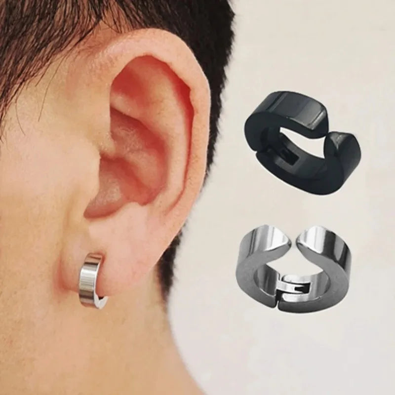 2pcs Punk Non Piercing Clip Earrings for Man Woman, Titanium Steel Stud Earrings Teens Hip Hop Style Ear Ring Jewelry Accessory