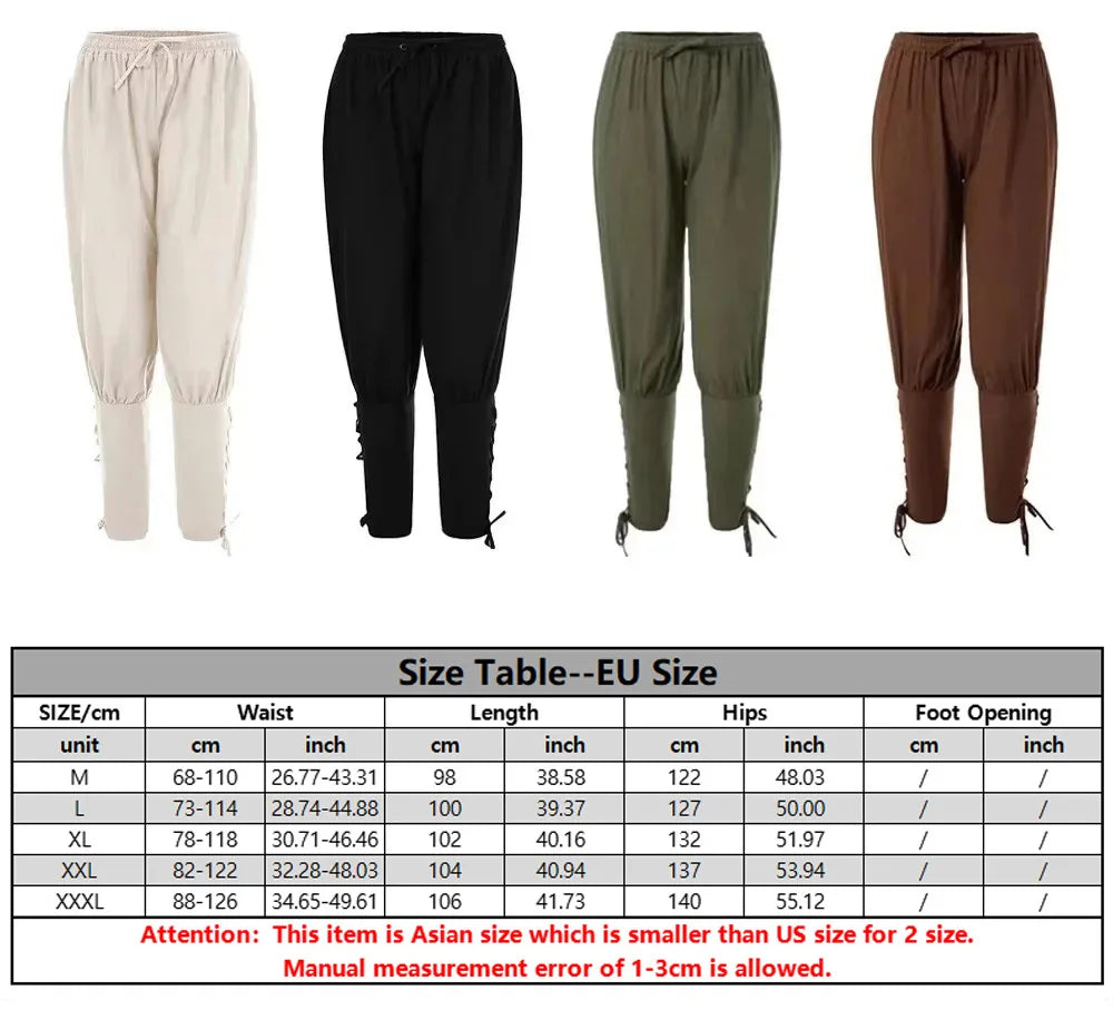 2Pcs Men's Medieval Knight Costume Set Renaissance Cosplay Pirate Shirts Ankle Banded Pants For Halloween Cotton Linen Fabric