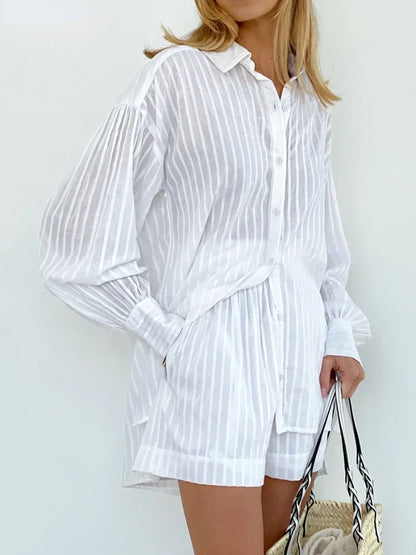Wolfeel Casual Shorts Sets Striped Jacquard 2 Pieces Cozy Lapel Lantern Sleeve Shirt Summer Outfit Elastic Waist Shorts Suits