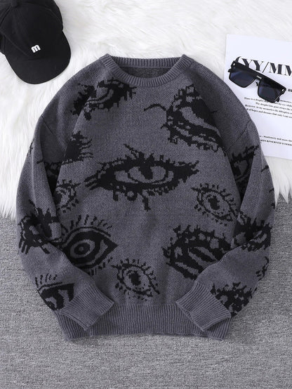 New Popular Autumn and Winter Abstract Eye Jacquard Pattern Pullover Sweater Casual Round Neck Knitted Men's Pullover