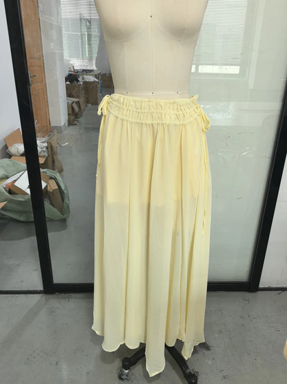 Women Solid Chiffon Ruffle Yellow Blouse Sheer V-neck Lace Up Full Flared Sleeve Shirts 2025 Summer Lady Fashion Loose Top New