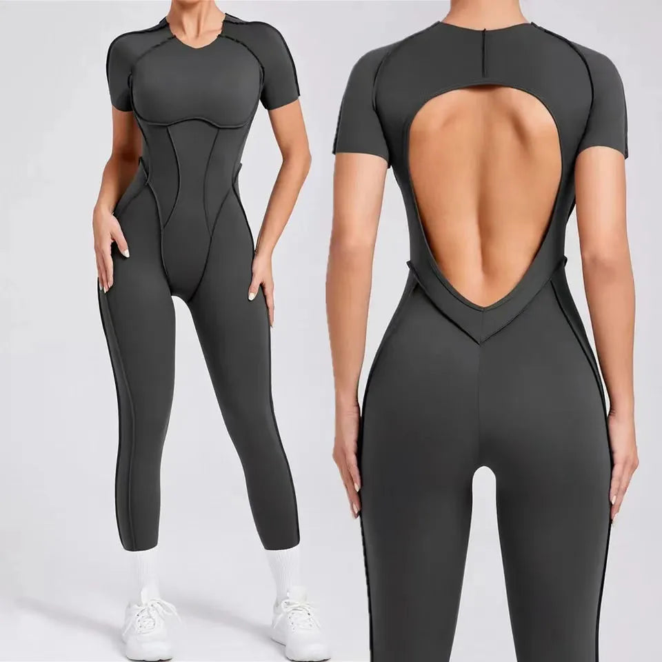 New Women's One-piece chest pad Yoga Jumpsuit leggings Short sleeve Backless Slim Fit Sports Outfit High elasticity soft comfort