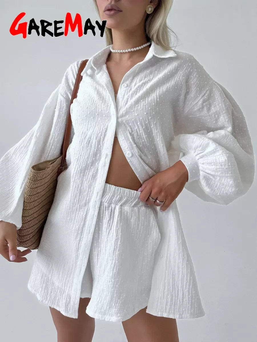 Women's Summer Suit with Shorts and A Shirt White Cotton 100% Two-piece Suit Female Long Sleeve  Oversize  Muslin Suit for Women