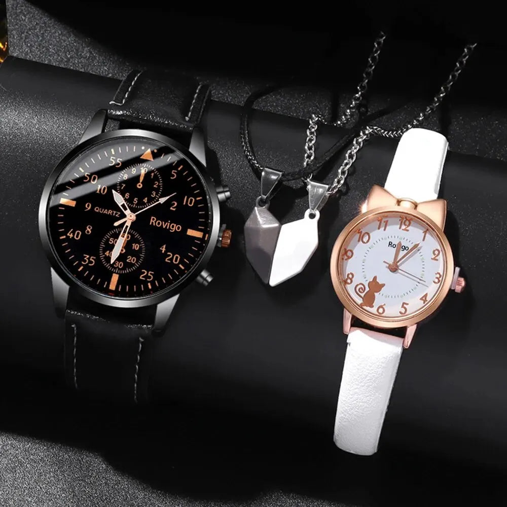 4pcs Fashion Versatile Creative Personalized Men and Women Couple Watch Quartz Watch with Love Pendant Necklace Combination Set