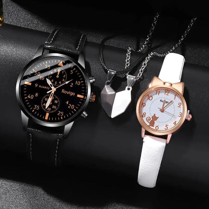 4pcs Fashion Versatile Creative Personalized Men and Women Couple Watch Quartz Watch with Love Pendant Necklace Combination Set