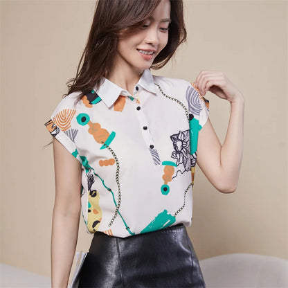 Women Spring Summer Style Chiffon Blouses Shirt Lady Casual Short Sleeve Turn-down Collar Printed Casual Loose Tops DF3548
