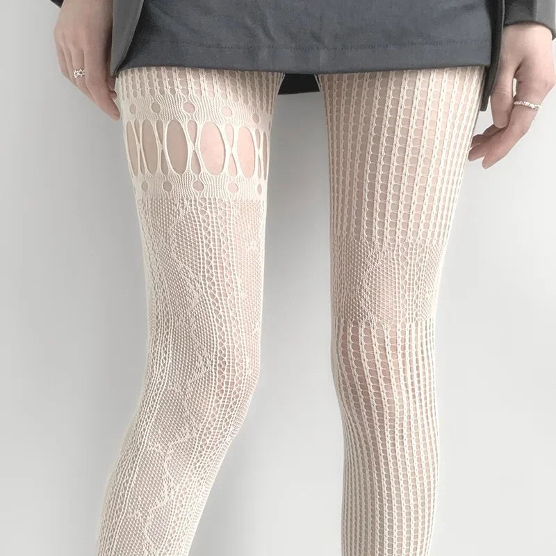 Women Sexy Lace Fishnet Stockings Lolita Hollow Out Solid Pantyhose JK Japanese Style High Waist Vintage Rhombus Striped Tights