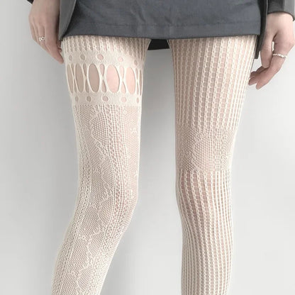 Women Sexy Lace Fishnet Stockings Lolita Hollow Out Solid Pantyhose JK Japanese Style High Waist Vintage Rhombus Striped Tights