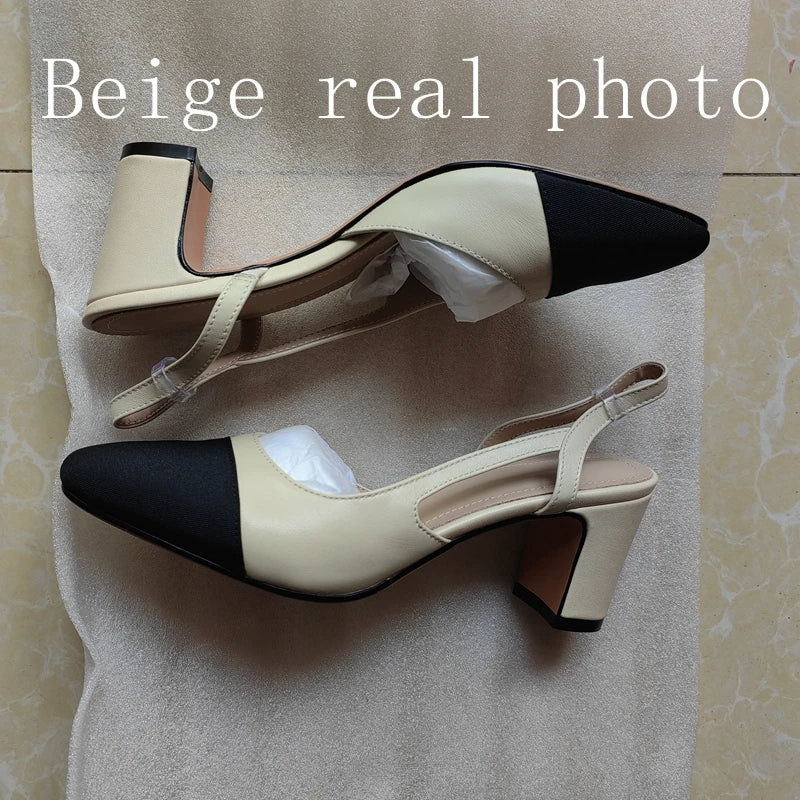 Big Size 45 Women Slingbacks Shoes High Heels Thick High Heel Leather Mixed Colors Pumps Ladies