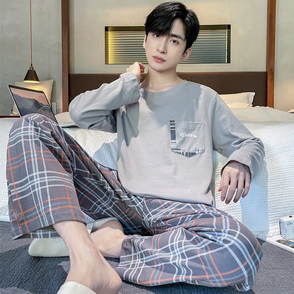 Spring Autumn Plus 4XL Knitted Men's Sleepwear Letter Lattice Pajamas Plaid Pajamas Sets Casual Loungewear Pyjamas Night Fashion