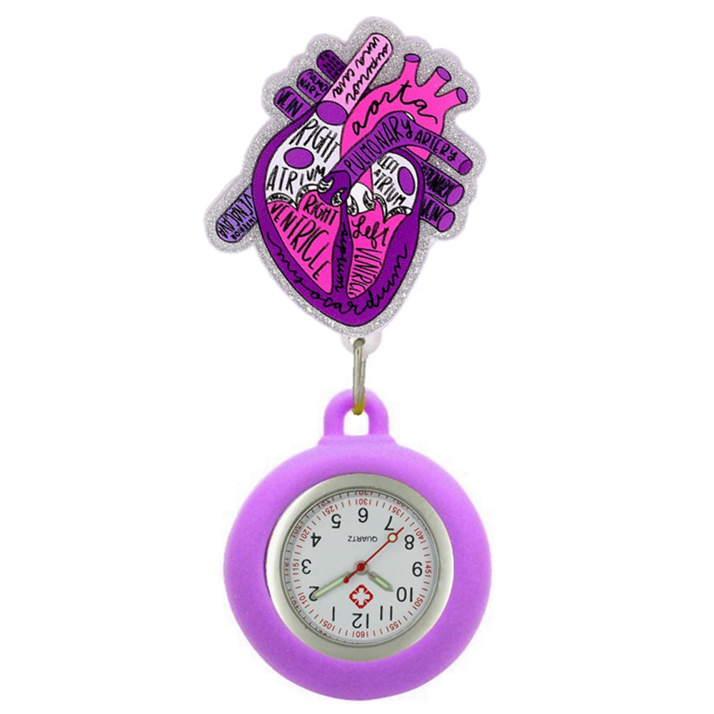 Heart Shape Icons Retractable Nurse Doctor Shiny Badge Reel Clip Pocket Watches Hospital Medical Working Office Hang Clock