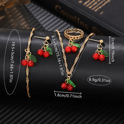 6PCS/Set Red Women's Watch With Minimalist Elements Dial Quartz Watch Latex Strap Cherry Elements Jewelry Set Girl's Gift