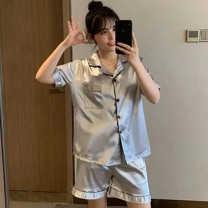 Solid Color Sleepwear Silk Satin Pajamas Couple Set Short-sleeved Pyjamas Suit Pijama Women Men Loungewear Plus Size Pj Set