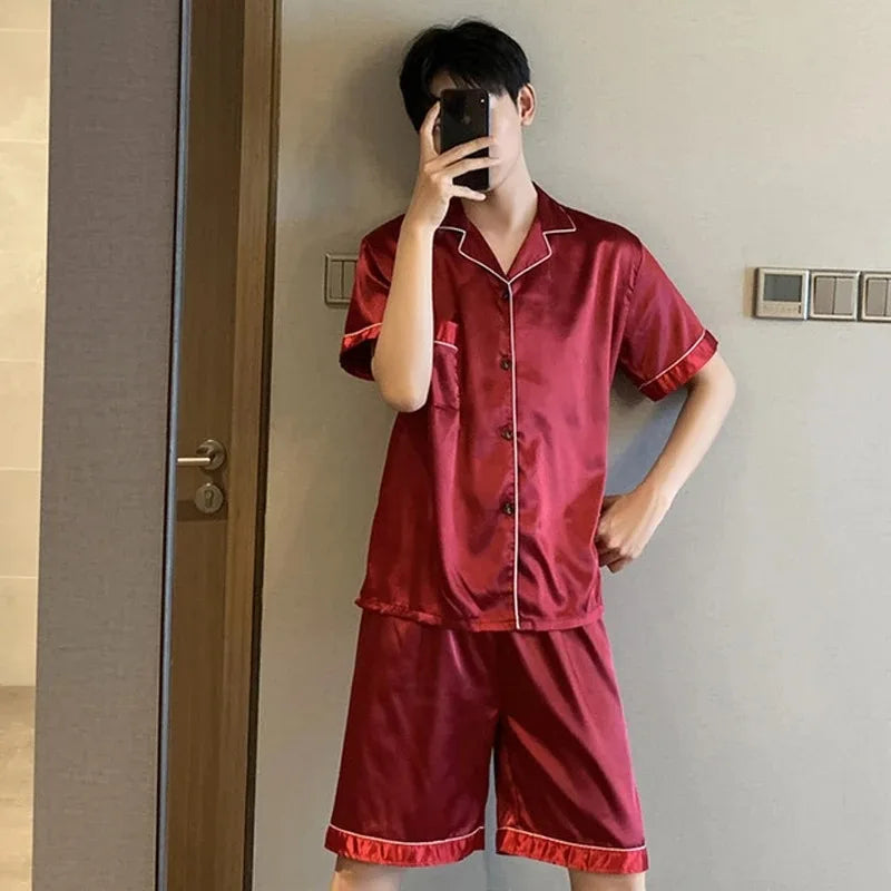 Solid Color Sleepwear Silk Satin Pajamas Couple Set Short-sleeved Pyjamas Suit Pijama Women Men Loungewear Plus Size Pj Set