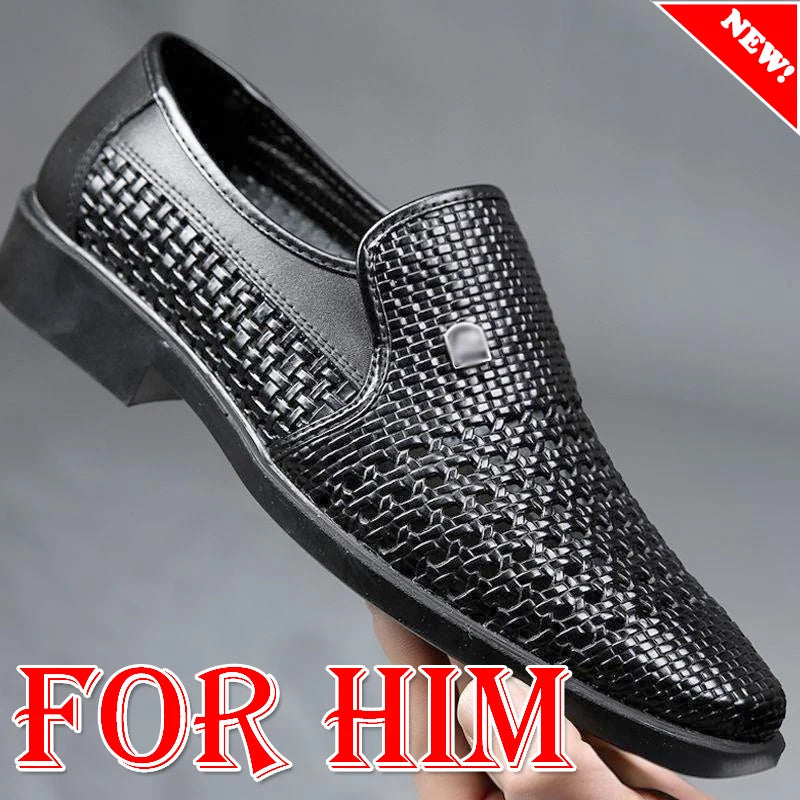 Men's Synthetic Leather Shoes  Soft Sole Breathable Low Heeled Business Casual Shoes Hollow Out Dress Sandals Middle Aged
