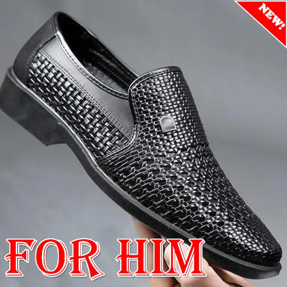 Men's Synthetic Leather Shoes  Soft Sole Breathable Low Heeled Business Casual Shoes Hollow Out Dress Sandals Middle Aged