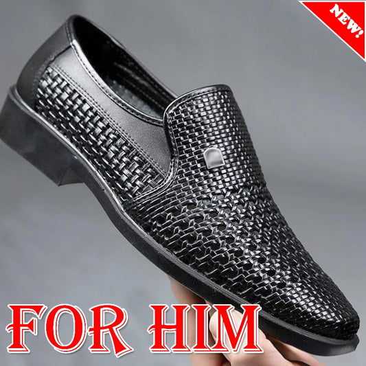 Men's Synthetic Leather Shoes  Soft Sole Breathable Low Heeled Business Casual Shoes Hollow Out Dress Sandals Middle Aged