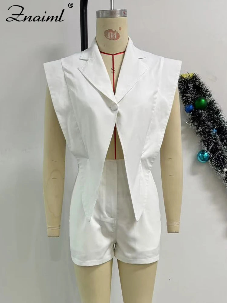 Znaiml Elegant White Patchwork Rompers Playsuits Women Lapel Sleeveless Slim Shorts Jumpsuits Hollow Button Birthday Overalls