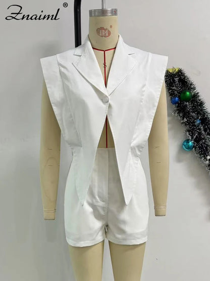 Znaiml Elegant White Patchwork Rompers Playsuits Women Lapel Sleeveless Slim Shorts Jumpsuits Hollow Button Birthday Overalls
