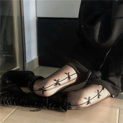 Kawaii Gothic Hollow Out Pantyhose Lolita Bow Knot Fishnet Stockings Women Spicy Girl Black White Sexy Thin Ins Tide Lace Tights
