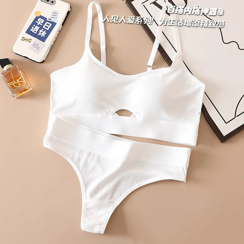 Women's Push-Up Sports Seamless Bra And Panties Set Cotton Hollow out U-Back Lingerie Set Comfort Sexy Underwear Solid Intimates