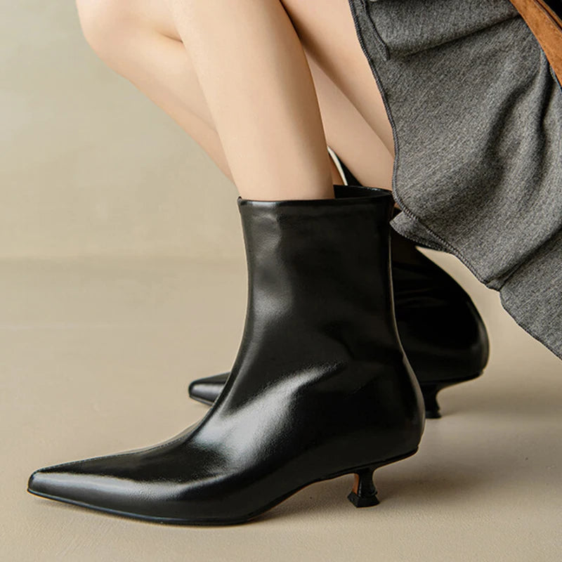 JOZHAMTA Size 34-43 Women Real Leather Ankle Boots Fashion Mid Heels Shoes For Winter Boots Pointy Office Lady Daily Dress Shoes