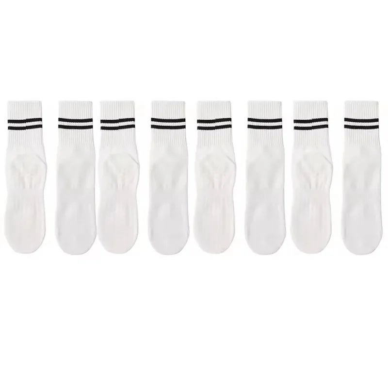 4 Pairs of Mid Tube Double Bar Striped Yoga Socks Anti Slip Dance Sports Breathable Socks Fitness Pilates Cotton Socks