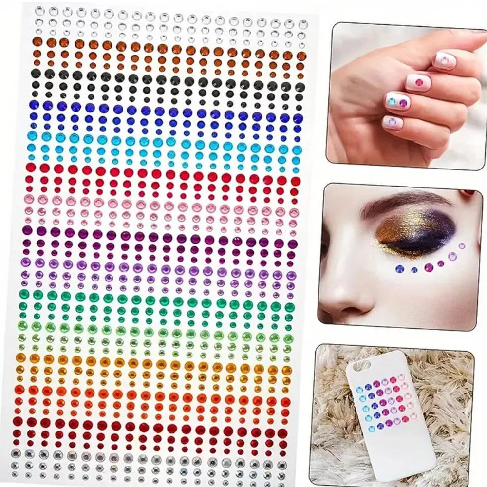 1sheet 900pcs Rainbow Face Glittle Gem Stickers Stick-On Facial Tattoo Eye Rhinestone Jewels 3/4/5mm Mix Wedding Party Make Up
