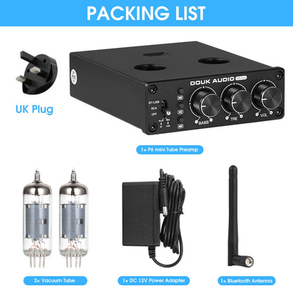 Douk Audio HiFi Bluetooth 5.0 Valve Tube Preamp Stereo Receiver USB Player Home Desktop Pre-amplifier w/Treble Bass Control