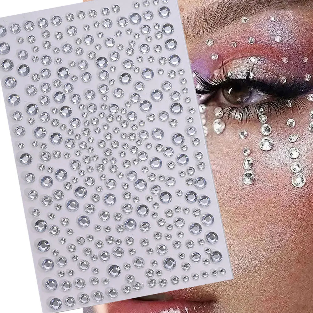 1sheet 900pcs Rainbow Face Glittle Gem Stickers Stick-On Facial Tattoo Eye Rhinestone Jewels 3/4/5mm Mix Wedding Party Make Up