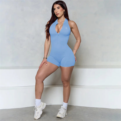 Allure The Brand Sleeveless ZIPPER Scrunch Butt Romper Women Sporty Jumpsuit Lycra Short Fitness Gym Overalls Workout Clothes
