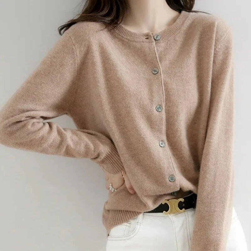 2025 New Worsted Spring And Autumn Women Cardigan Round Neck Knitwear Solid Color Fashion High-grade Knitwear Sweater