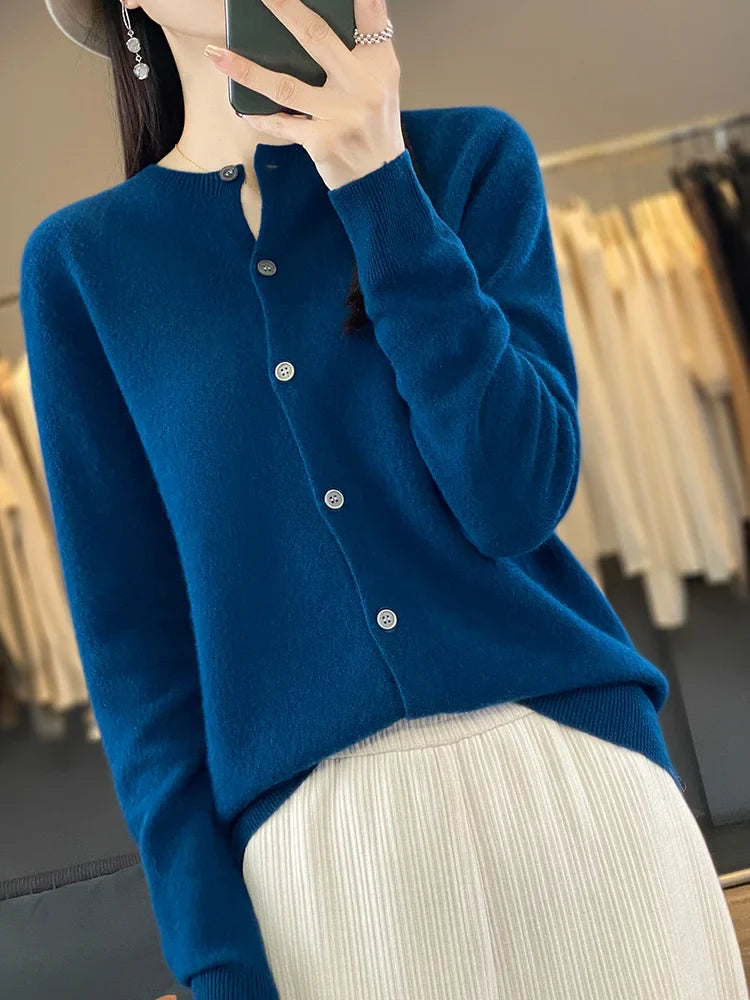 100% Merino Wool Sweater Women O-Neck Cardigan Basic Style  Buttoned Knitwear Female Casual Autumn Winter Soft Tops