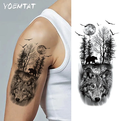 Waterproof Temporary Tattoo Sticker Realistic Animal Forest Wolf Bear Bird Moon Body Art Arm Fake Tattoos Sleeve Women Men Leg
