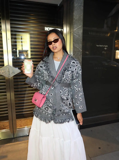 Tassel Patchwork Printed Cardigan Women Geometric Patterns Belts V-neck Long Sleeve Knitted Street Lady Sweater 2025 Autumn Coat