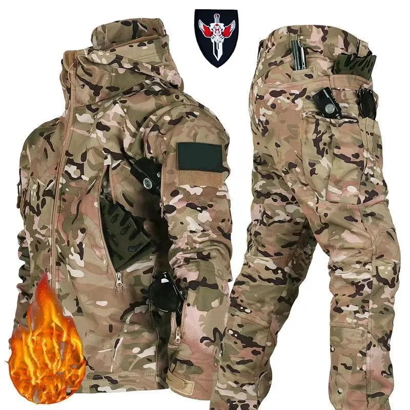 Tactical Winter Set Men's Outdoor Windproof Waterproof Suit Multi-Pocket Soft Shell Hooded Jackets Sharkskin Work Pants