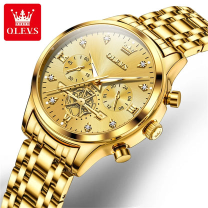 OLEVS New Flywheel Design Luxury Couple Watch Waterproof Moon Phase Chronograph Brand Original Quartz Wrist Watch for Men Women