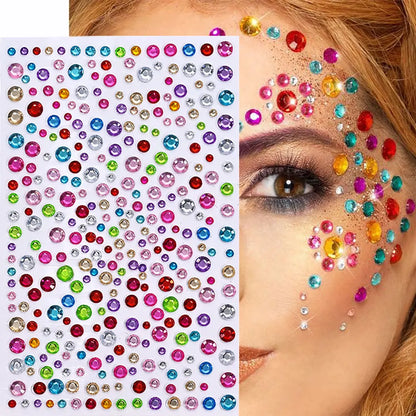 1sheet 900pcs Rainbow Face Glittle Gem Stickers Stick-On Facial Tattoo Eye Rhinestone Jewels 3/4/5mm Mix Wedding Party Make Up