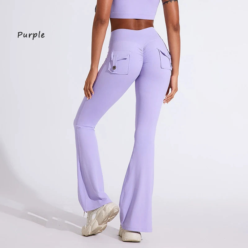 DIAS FIT JOY Women's pocket bell bottoms yoga high waisted hip lifting fitness pants quick drying running exercise fitness gym