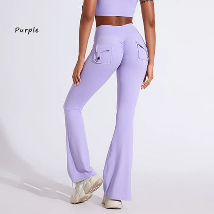 DIAS FIT JOY Women's pocket bell bottoms yoga high waisted hip lifting fitness pants quick drying running exercise fitness gym