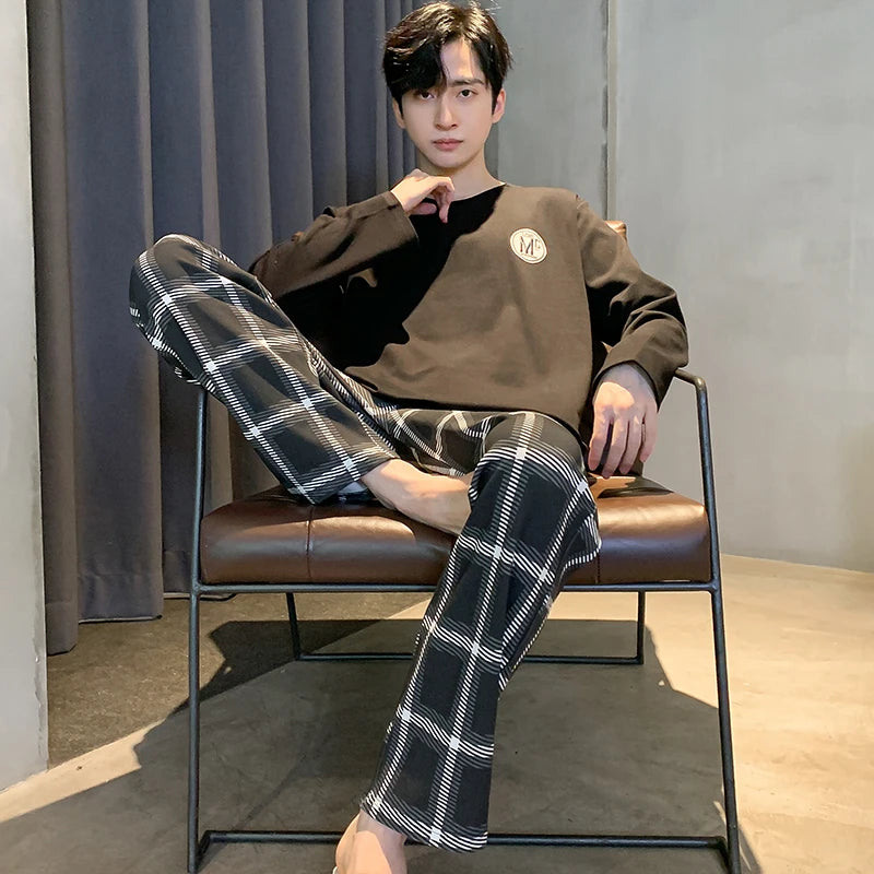 Spring Autumn Plus 4XL Knitted Men's Sleepwear Letter Lattice Pajamas Plaid Pajamas Sets Casual Loungewear Pyjamas Night Fashion