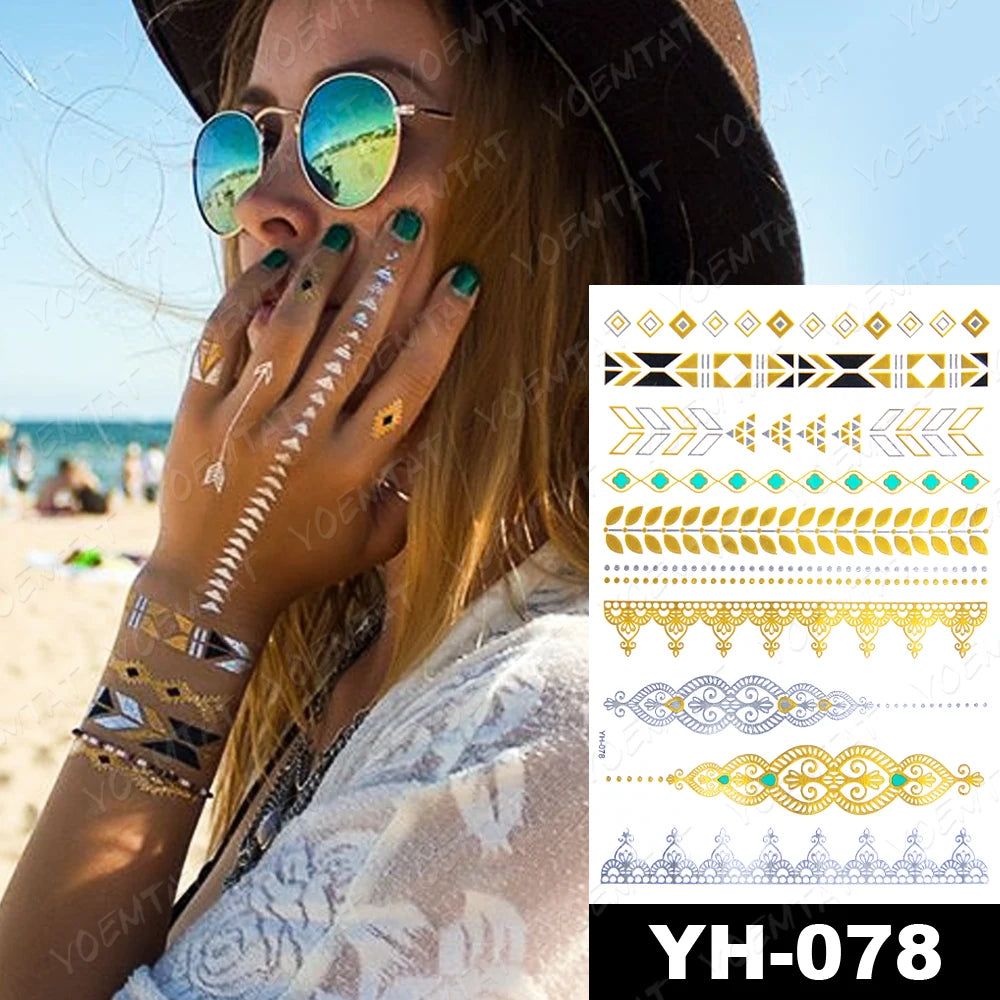 Waterproof Temporary Tattoo Sticker Flowers Mandala Henna Golden Silvery Metallic Flash Tatoo Boho Hand Jewelry Glitter Body Art
