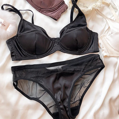 Women Ice Silk Comfort Underwear Sexy Small Breast Push Up Bra Set Detachable Padding Thin Cup Brassiere Intimates Panties Set